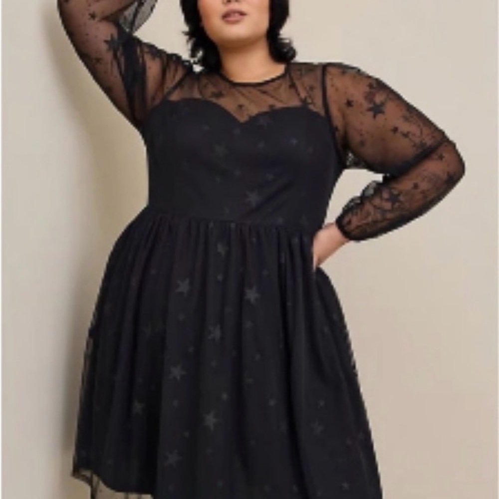 torrid Black Star Mesh Long-Sleeve Fit & Flare Dress